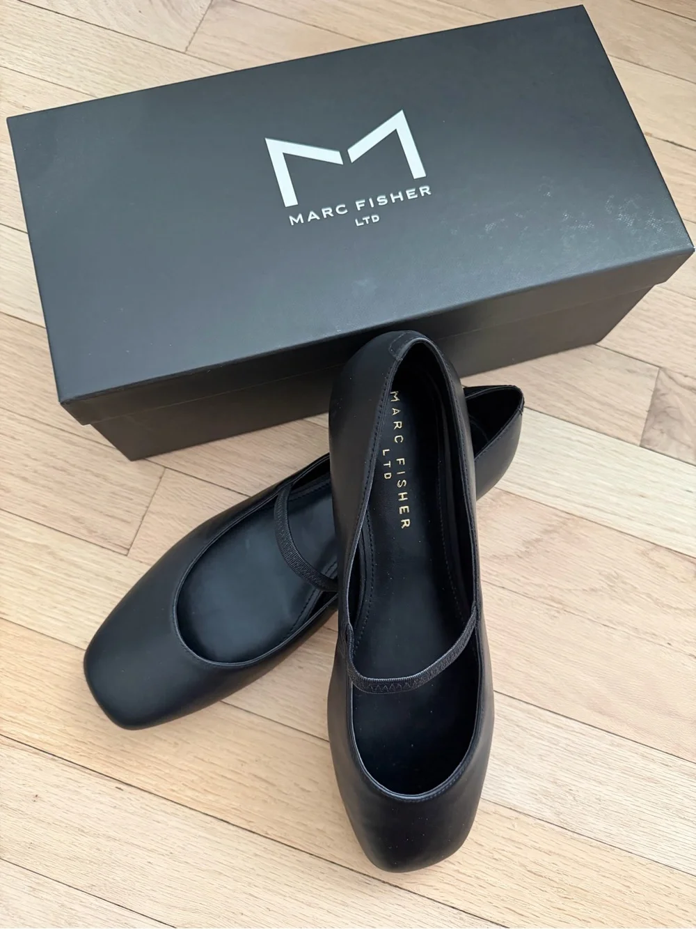 Marc Fisher Black Leather Square-Toe Mary Jane Flats with Elastic Strap